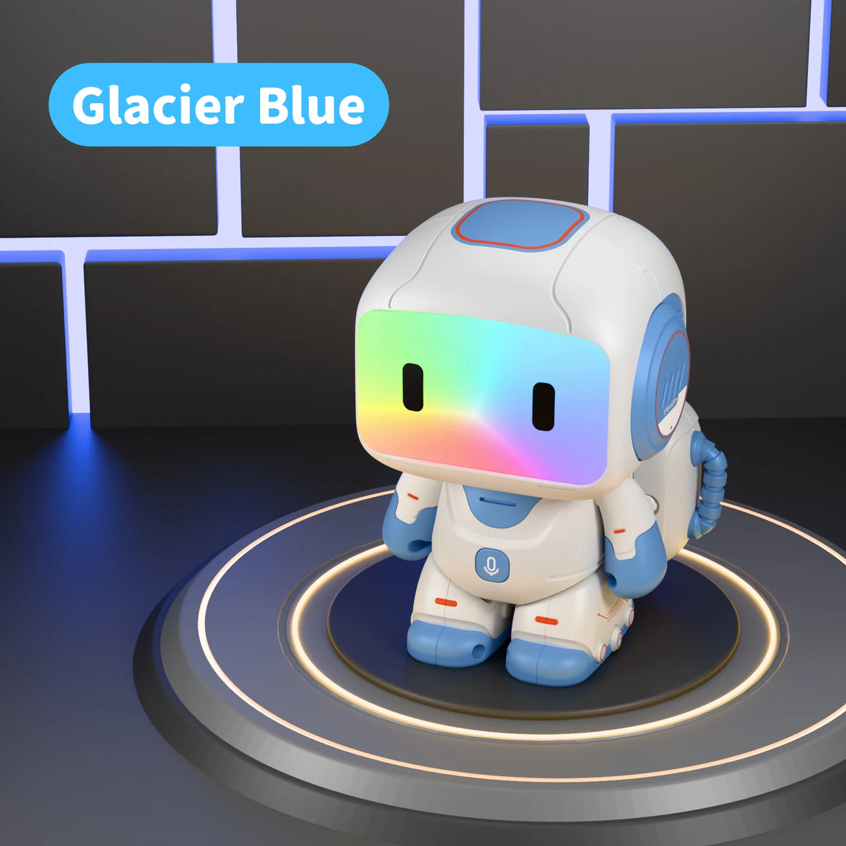 Robot juguete interactivo blanco con detalles azules y pantalla LED multicolor en base