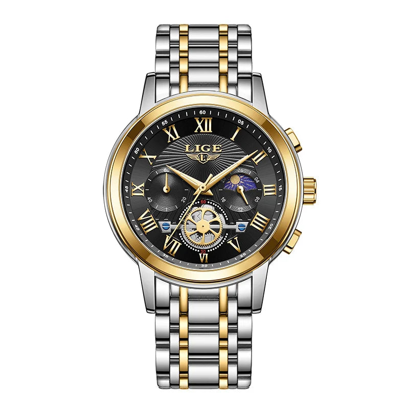 LIGE Nuevo reloj de pulsera de cuarzo impermeable para mujer, reloj de pulsera deportivo para exteriores de moda, reloj femenino de lujo con fase lunar, fecha y cronógrafo