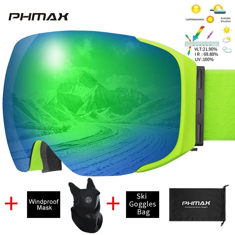 PHMAX-Gafas de esquí UV400 para hombre y mujer, lentes magnéticas antivaho para deportes al aire libre, montaña, Snowboard, gafas de nieve grandes con máscara
