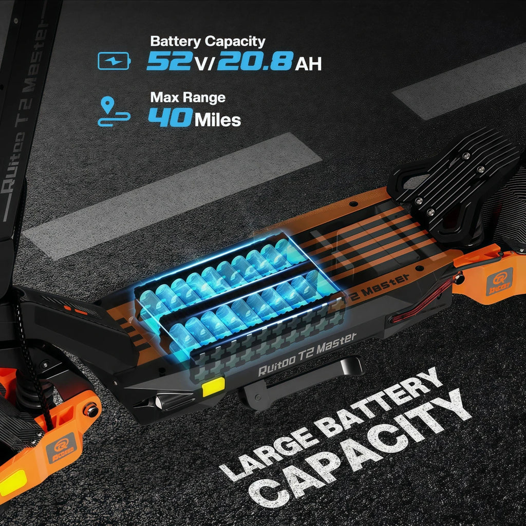 Patinete eléctrico con batería visible en la plataforma y luces LED azules