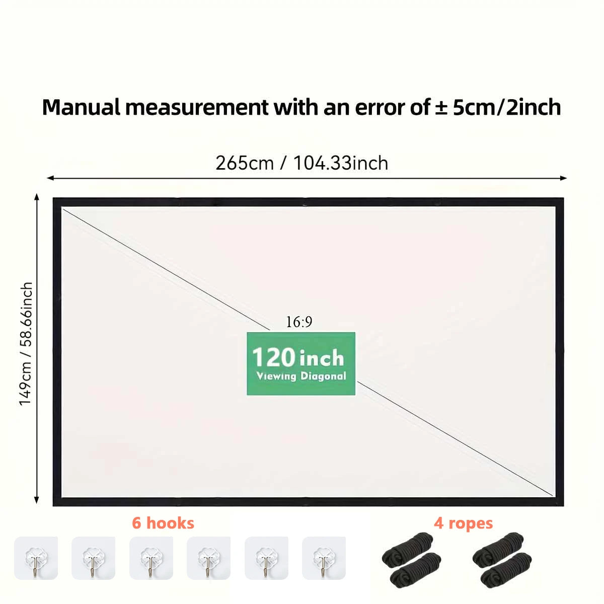 Pantalla de proyección rectangular con 6 ganchos y 4 cuerdas de sujeción