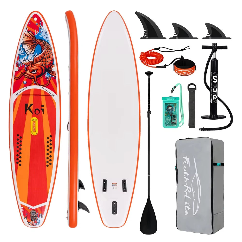 Tabla de Paddle Surf Inflable FeathRLite SUP 350x83x15cm SUPFR01E Diseño Koi Dragon con Remo, Bomba, Mochila, 3 Aletas, Correa, Bolsa Impermeable, Cubierta Antideslizante de EVA para Adultos, Principiantes, Yoga, Pesca, Play