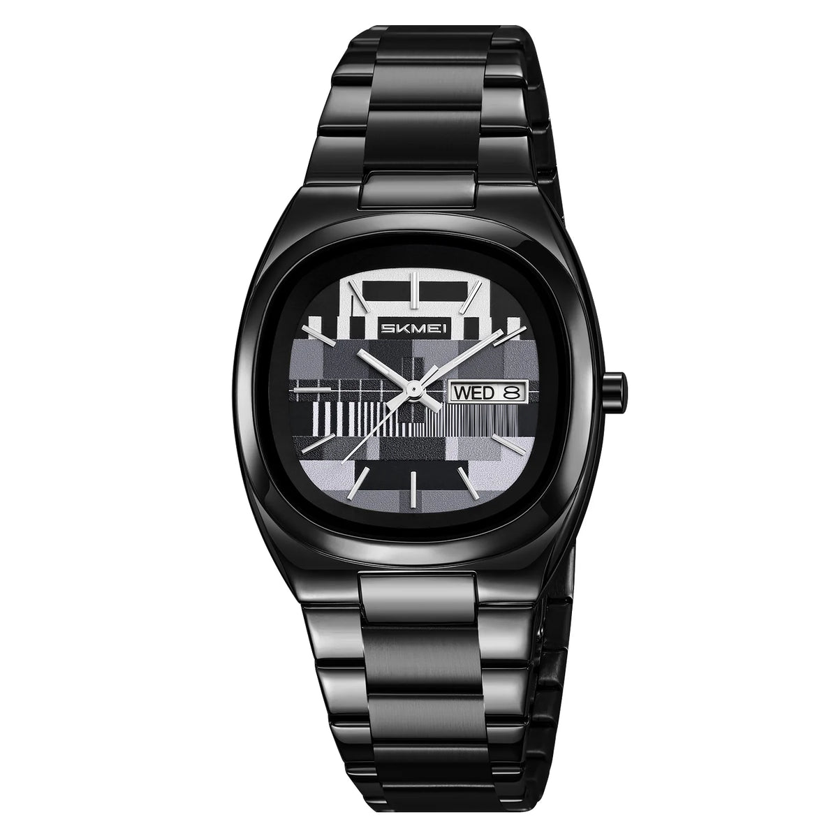 Reloj SKMEI retro para hombre, sencillo, dorado, caja ovalada, esfera con patrón de prueba de TV, correa de acero inoxidable, hora, semana, fecha, resistente al agua 30M, 9375