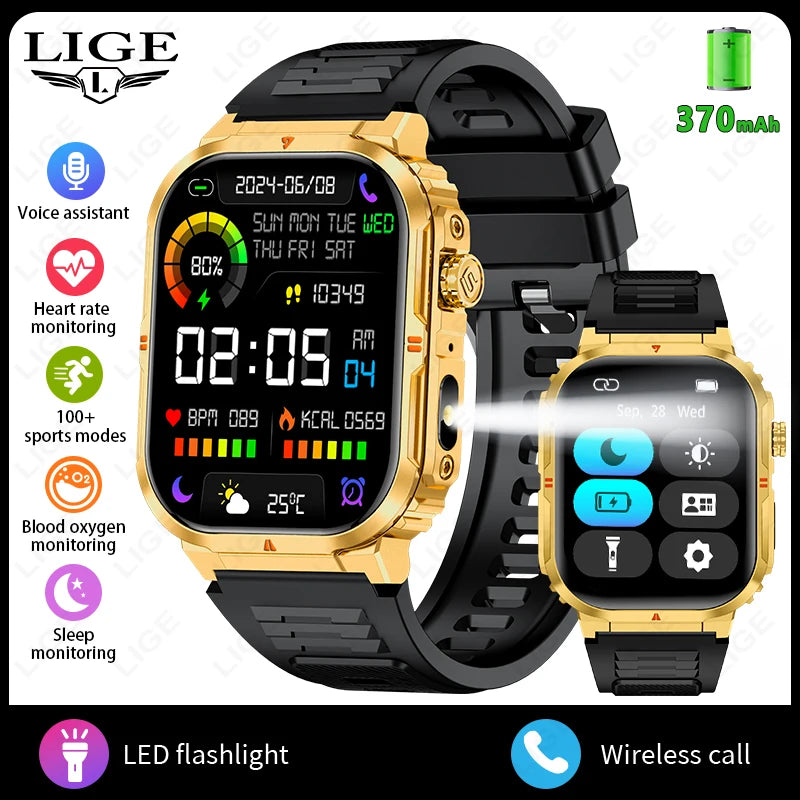 LIGE New Sports Smart Watch 2.01" HD Make Answer Call Voice Assistant Flashlight Outdoor 370mAh Battery Smartwatch For Men Women