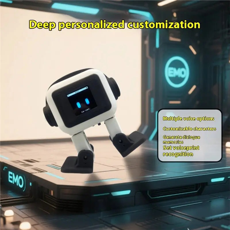Robot negro y blanco de pie con pantalla azul y patas ajustables