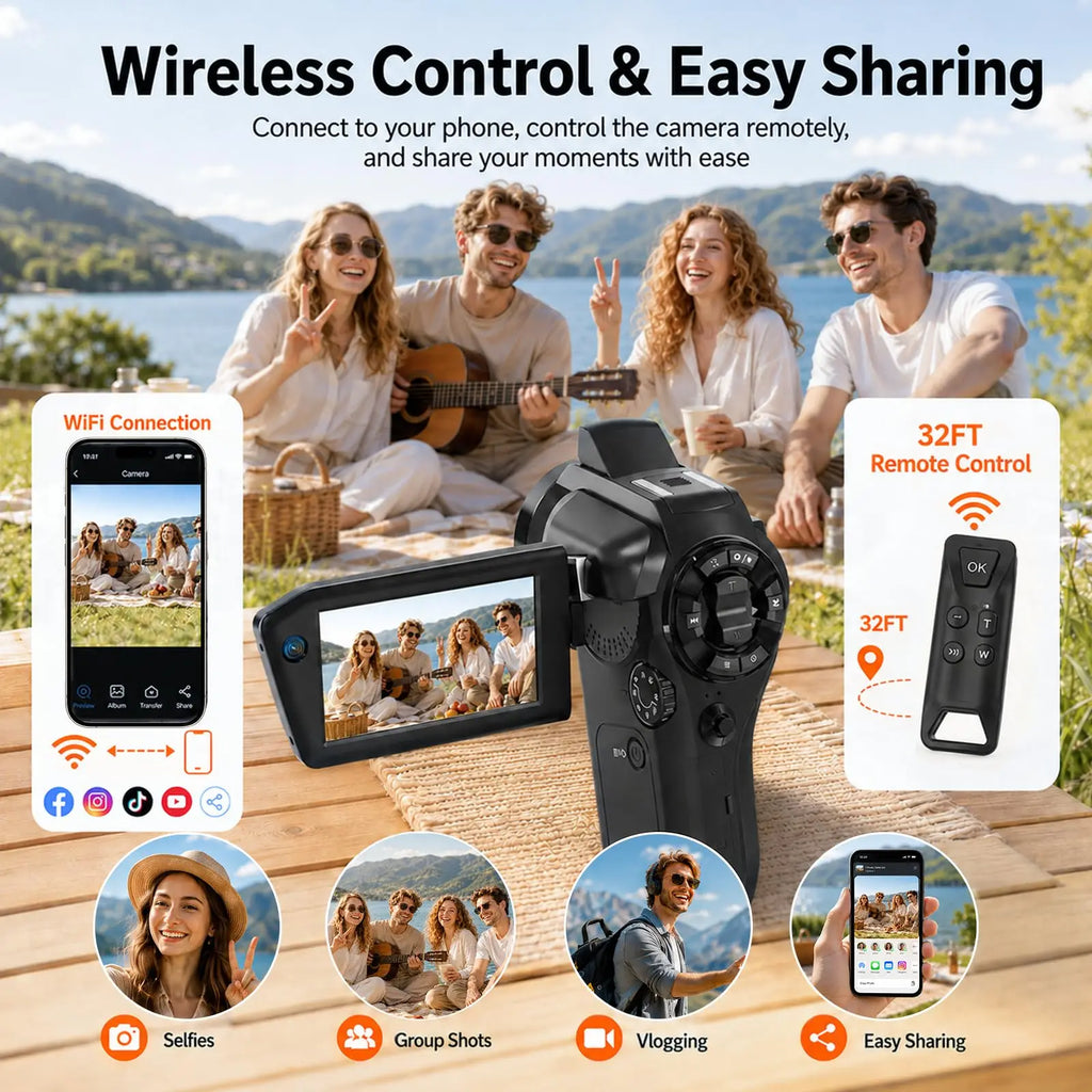 Cámara de Video 8K para Vlogging con Función Picture-in-Picture, WiFi, Zoom Óptico 8X, Visión Nocturna IR, Cámara DV Portátil