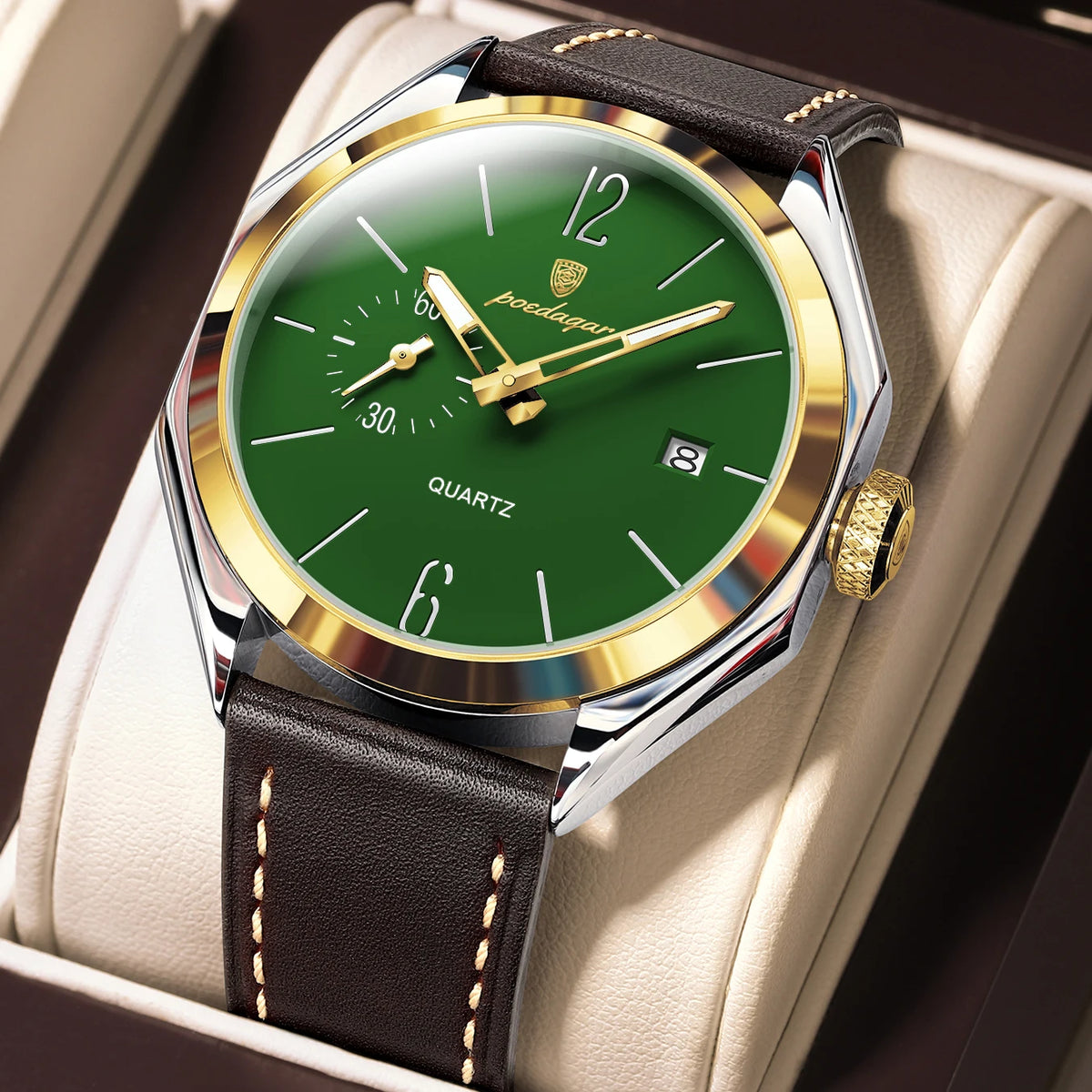 Reloj de pulsera original de cuarzo para hombre POEDAGAR, de piel, para negocios, resistente al agua, con fecha luminosa, reloj elegante para hombre.