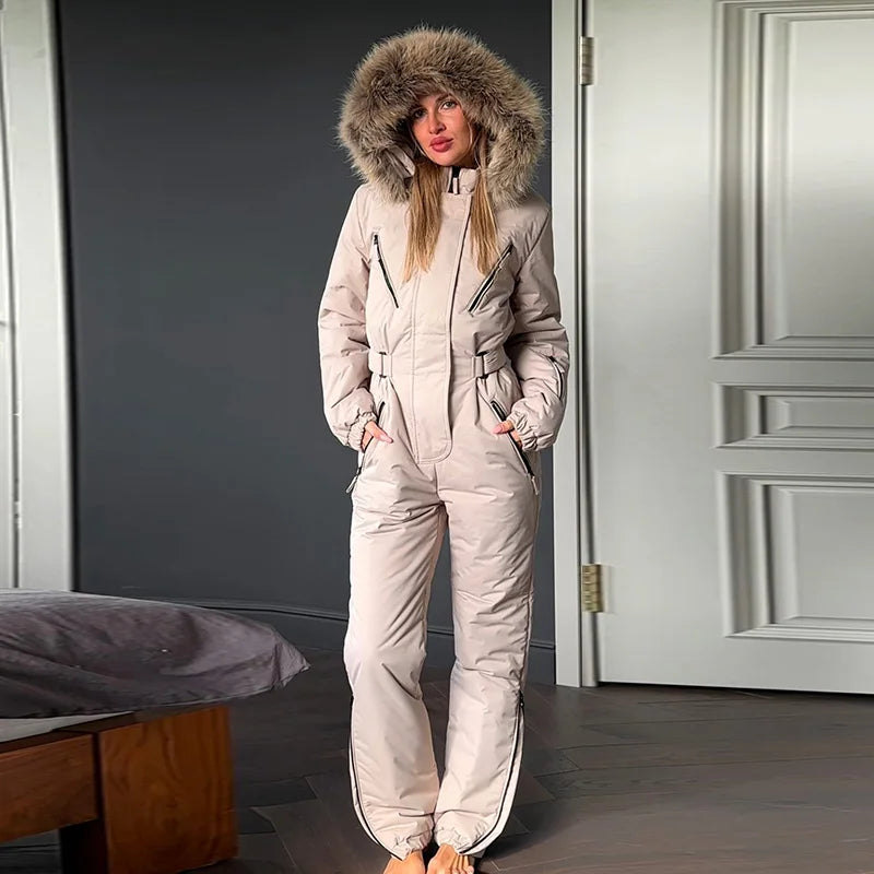 Mono de esquí de una pieza con capucha y parches de piel para mujer, estilo casual, con cinturón, manga larga, cierre de cremallera, mono liso, ropa de esquí para mujer, invierno 2026
