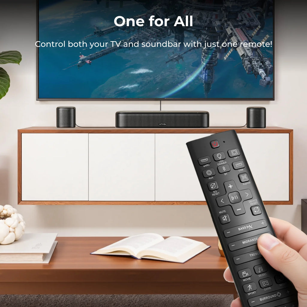 Barra de sonido negra Aura A60 con altavoces satélite y control remoto