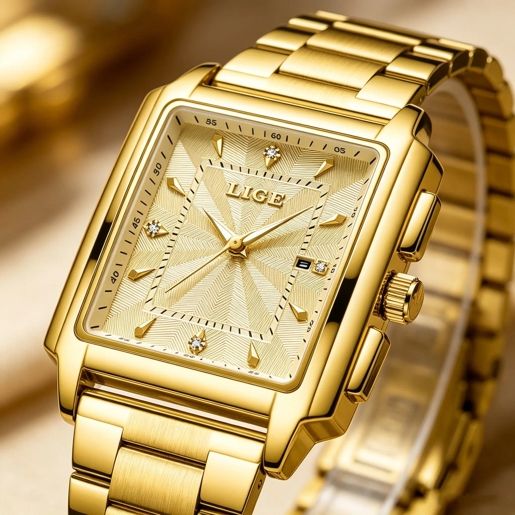 Reloj de pulsera LIGE de lujo para hombre, resistente al agua, luminoso, con fecha, de acero inoxidable, reloj cuadrado deportivo para hombre, reloj de cuarzo casual