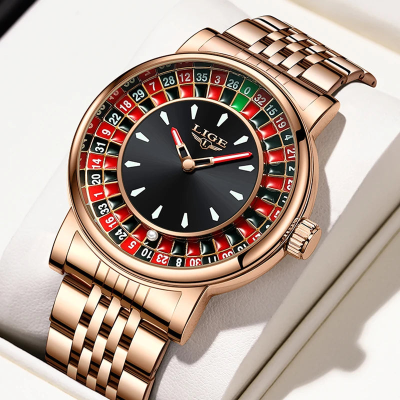 LIGE Casino Roulette Dial Men Watch Retro Brown Leather Strap Waterproof Quartz Watches for Men Business Casual Wrist Gift Watch