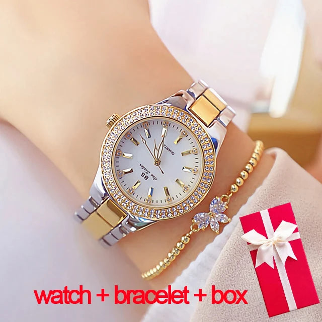 Relojes de pulsera para mujer, reloj de vestir dorado, reloj con diamantes de cristal, relojes de acero inoxidable plateados para mujer, Montre Femme