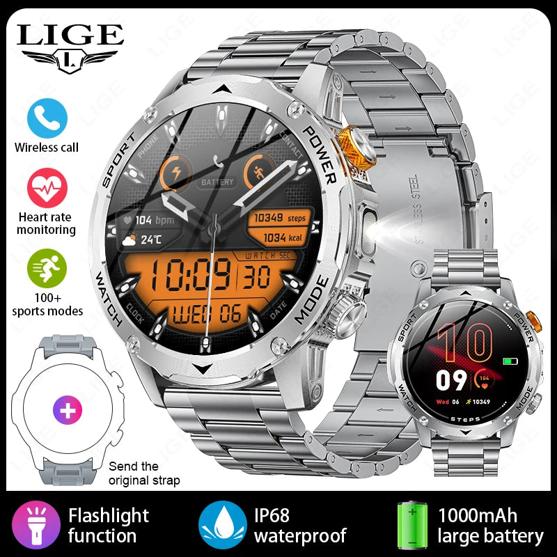 LIGE Nuevo reloj inteligente para hombre con batería de gran capacidad de 1000 mAh, linterna exterior, llamadas Bluetooth, resistente al agua, reloj inteligente deportivo de fitness
