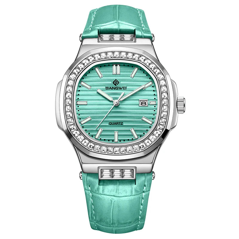 Reloj de cuarzo para mujer BANGWEI, nuevo diseño, elegante y de lujo, esfera sencilla con diamantes, retro, de cuero, con fecha, resistente al agua y luminoso.