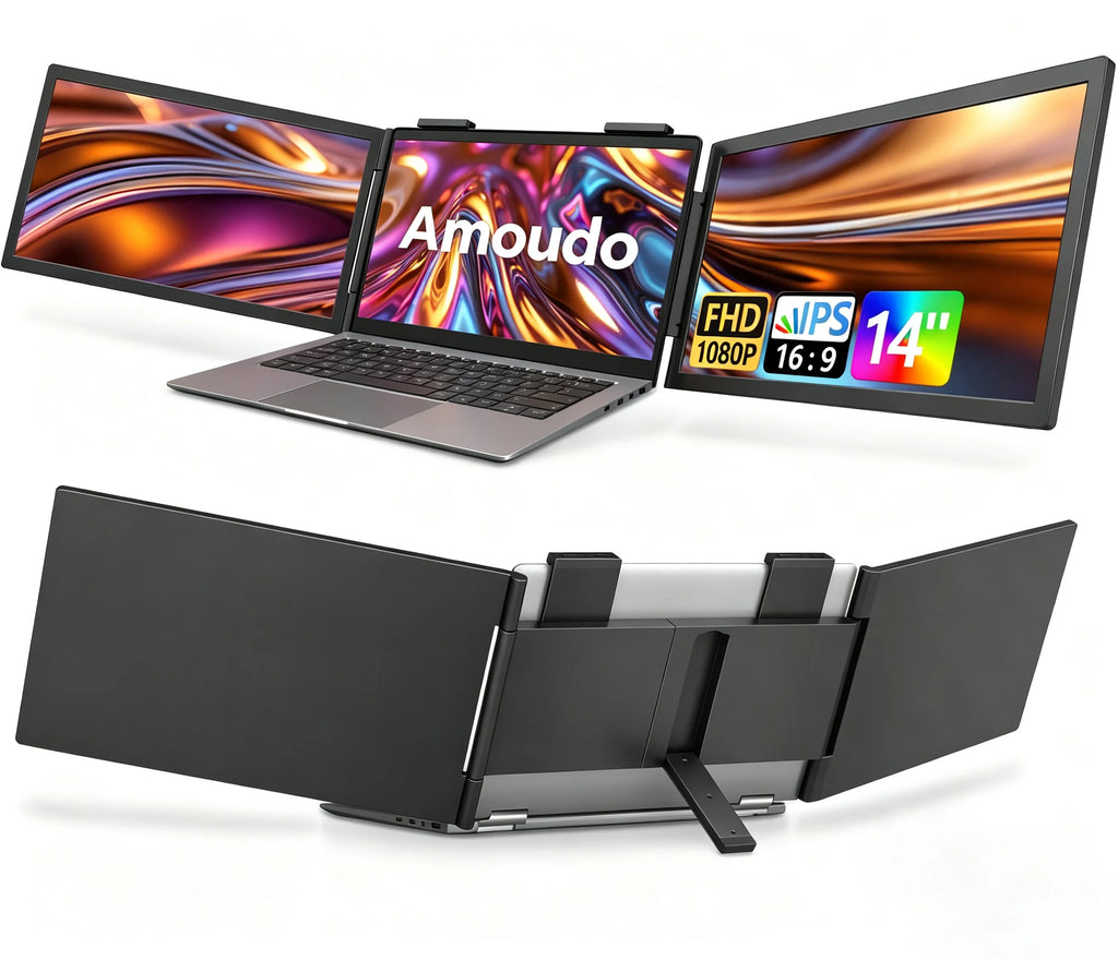 Amoudo 1920*1080P 60HZ Monitor Triple para Laptop de 14 Pulgadas, Monitor Portátil IPS con Puerto USB-C para Laptops de 14-16.5" Windows/Mac Xbox, Monitor Portátil Triple para Laptop