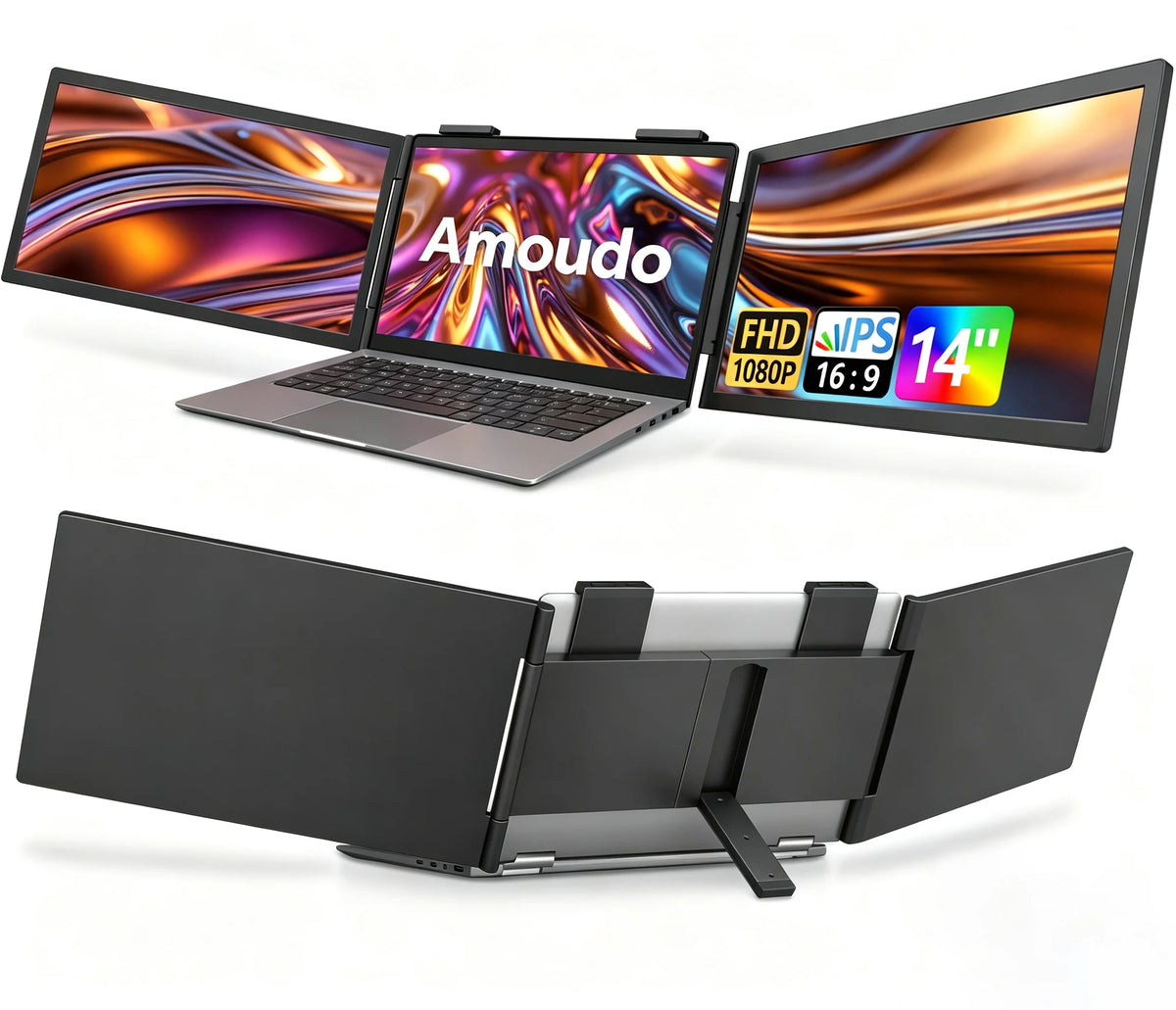 Amoudo 1920*1080P 60HZ Monitor Triple para Laptop de 14 Pulgadas, Monitor Portátil IPS con Puerto USB-C para Laptops de 14-16.5" Windows/Mac Xbox, Monitor Portátil Triple para Laptop