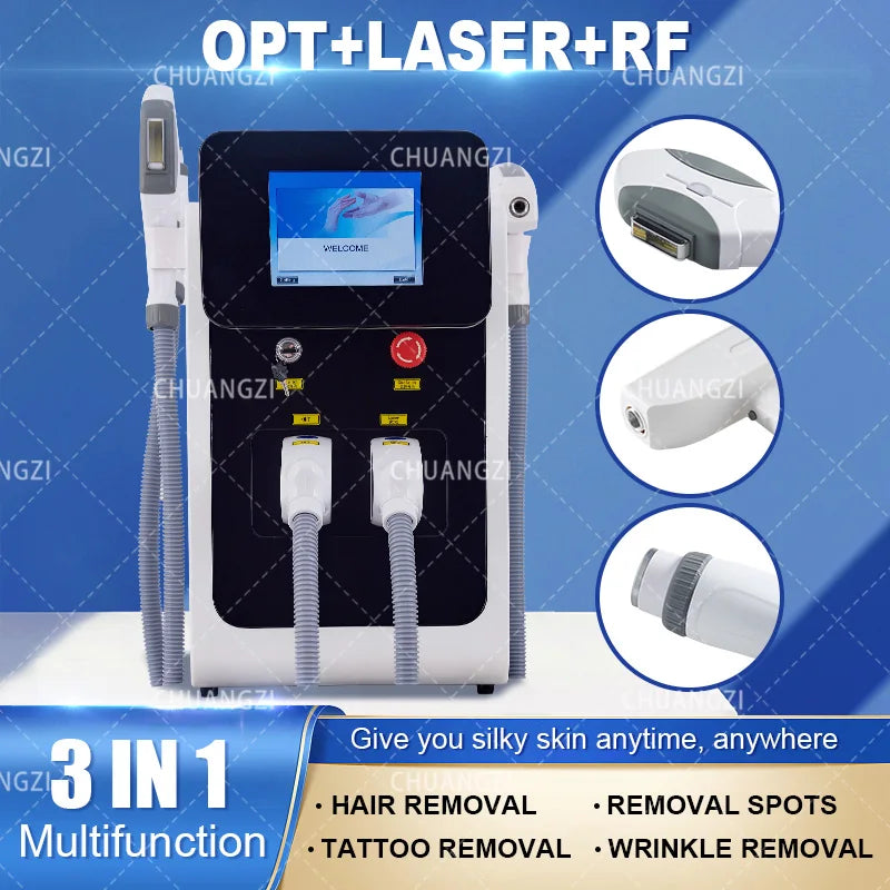 Máquina de Belleza Multifuncional 3 en 1 OPT IPL RF Nd Yag Láser, Funciones de Depilación sin Dolor, Eliminación de Tatuajes, Eliminación de Pecas y Manchas