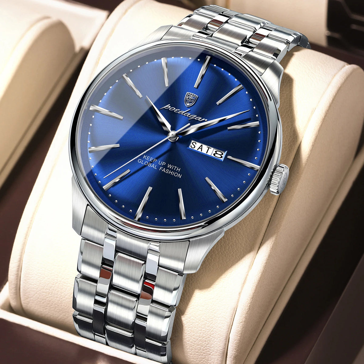 Reloj de cuarzo POEDAGAR para hombre, estilo ejecutivo, resistente al agua, de acero inoxidable, elegante, color dorado, con fecha y día