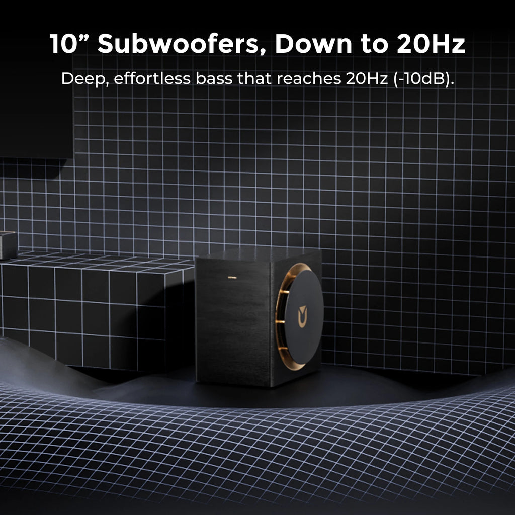 Subwoofer inalámbrico negro con aro dorado, sistema 9.1.6 de sonido multicanal.