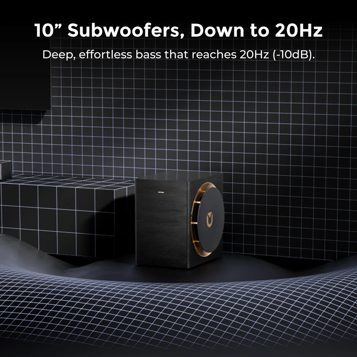 Subwoofer inalámbrico negro con aro dorado, sistema 9.1.6 de sonido multicanal.