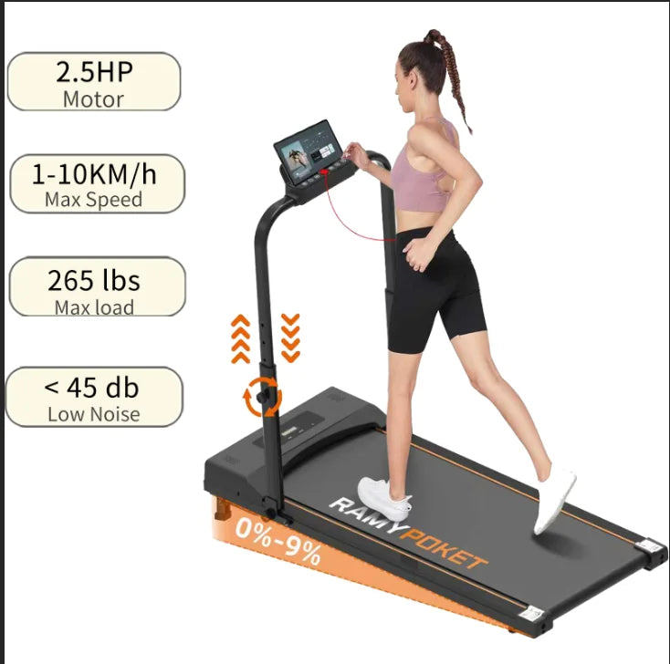 RAMYPOKET Cinta de Correr Plegable Para Oficina con Inclinacion 15%, 1-12KM/H,3.0HP, Control Mediante Aplicacion y Pantalla LED de Tres ventanas, 150KG.Caminadora Electrica Para Casa, Apto Para Personas de 170 cm