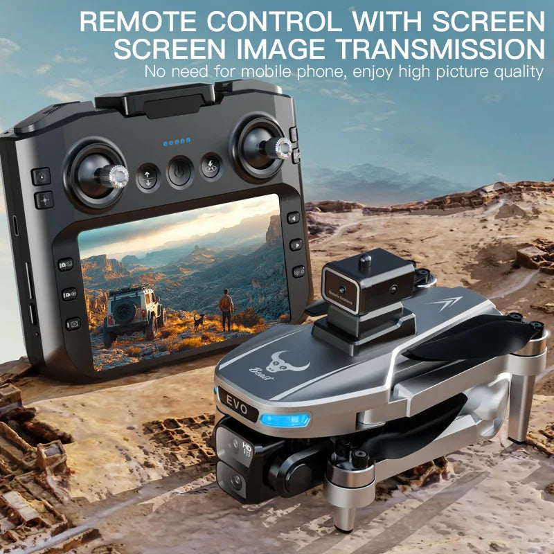 Dron gris con cámara dual y control remoto con pantalla, transmisión de imagen en vuelo