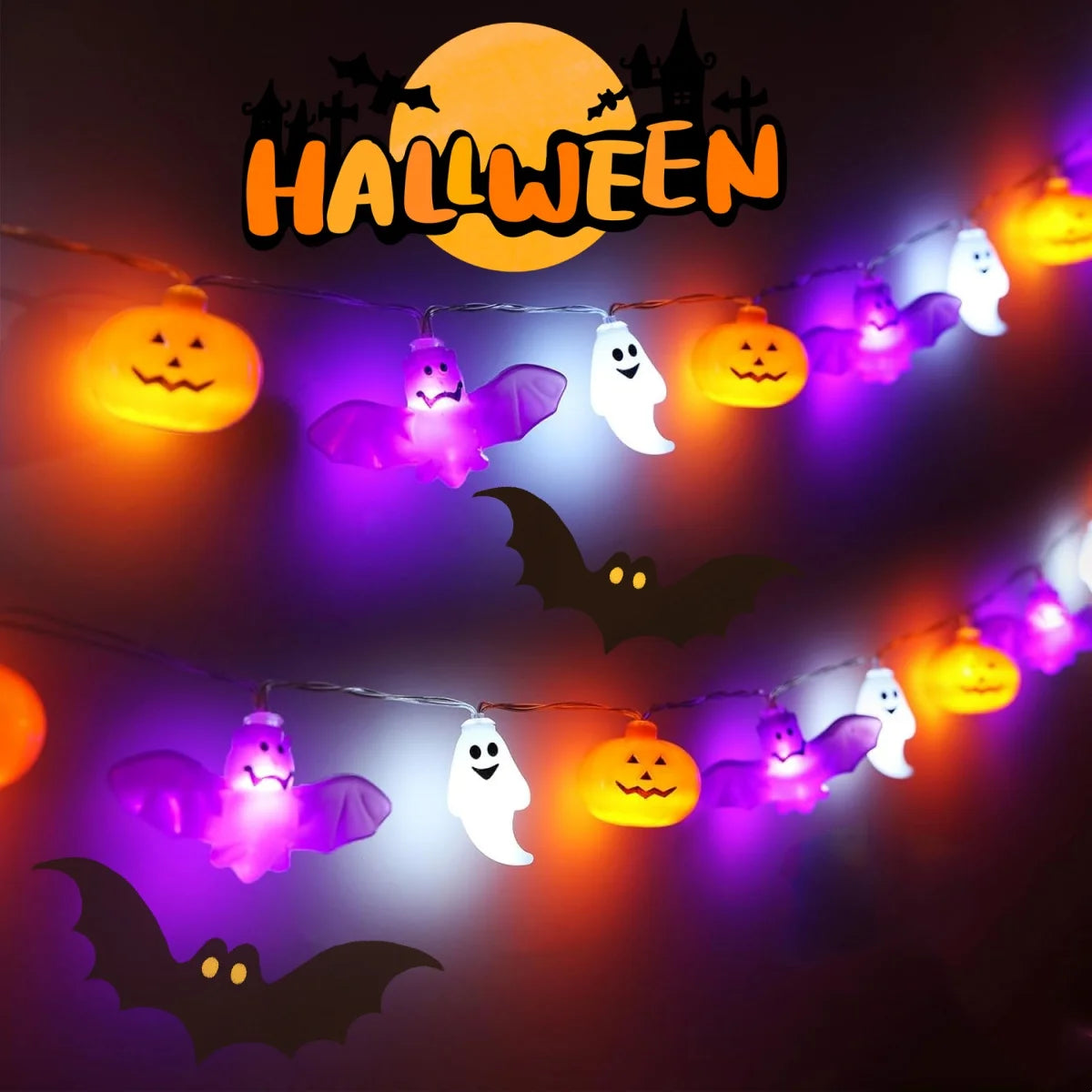 1 guirnalda de luces LED de Halloween para jardín, lámpara decorativa colgante de atmósfera de terror, funciona con pilas, para decoración de fiestas temáticas de Halloween