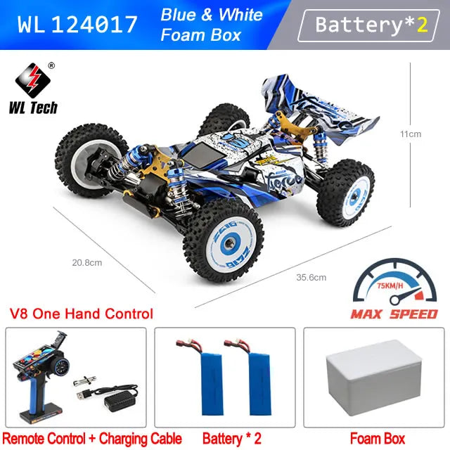 Carro RC 4WD 1:12 sin escobillas, azul y blanco, llantas todoterreno y control