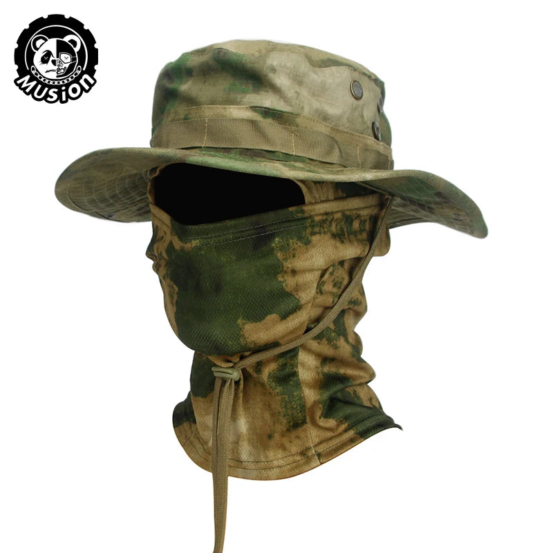 Conjunto de gorro de pescador con ala ancha y pasamontañas de camuflaje Musion para hombre, gorra tipo boonie para exteriores, sombrero de protección solar para pesca