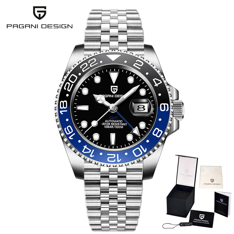 PAGANI DESIGN 40mm Reloj mecánico de lujo para hombre, reloj GMT de acero inoxidable, marca de alta gama, cristal de zafiro, relojes para hombre