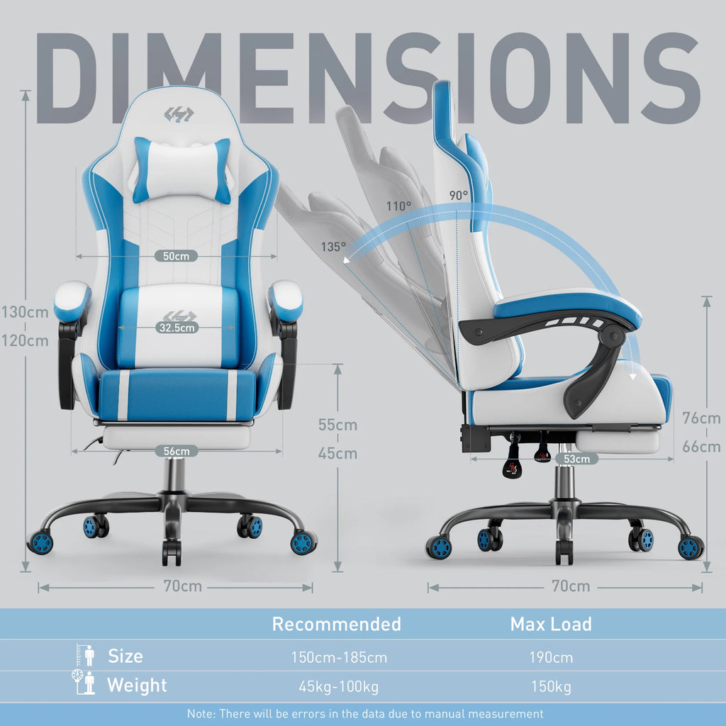 Silla gaming ergonómica azul y blanca con medidas y soporte lumbar, vista lateral