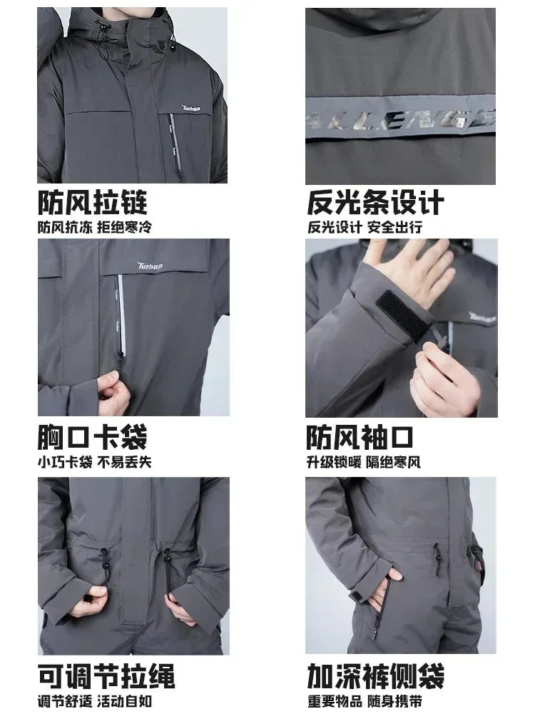 Traje de invierno para montar en motocicleta, mono a prueba de frío, impermeable, a prueba de viento, grueso, cálido, ropa de pesca integrada