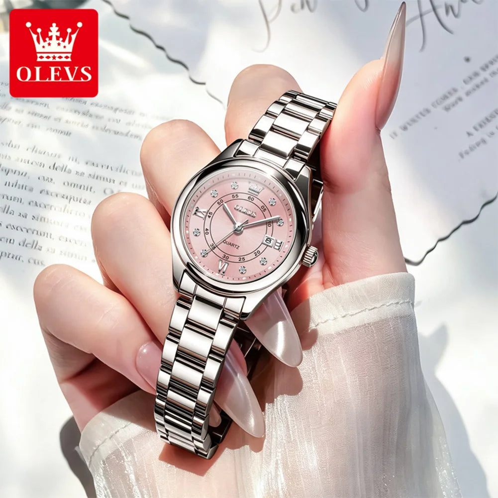 OLEVS Original Elegant Women Quartz Watch Stainless Steel Waterproof Luminous Chronograph Date Ladies' Watch Gifts Box NO.5683