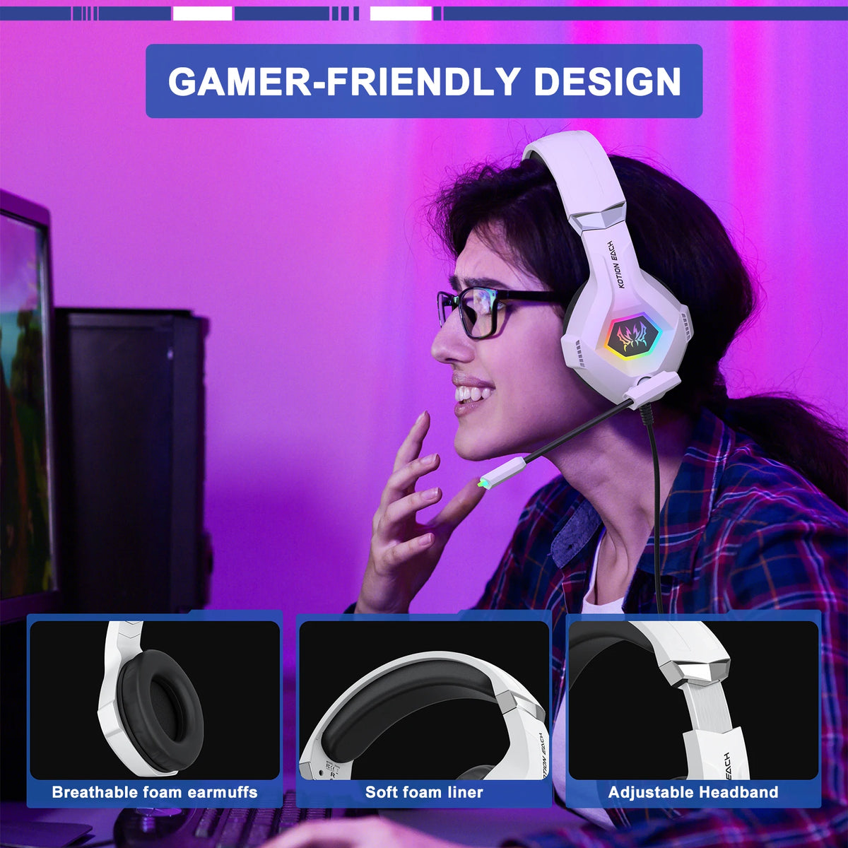 Auriculares gaming con diadema blanca, micrófono y luz RGB, usados por persona