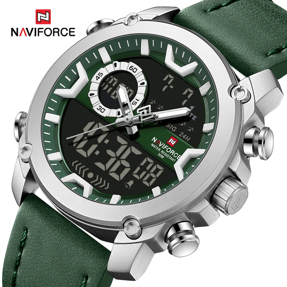 NAVIFORCE Sport Watches for Men Strong Luminous Dual Display Waterproof Genuine Leather Quartz Wristwatch Relogio Masculino
