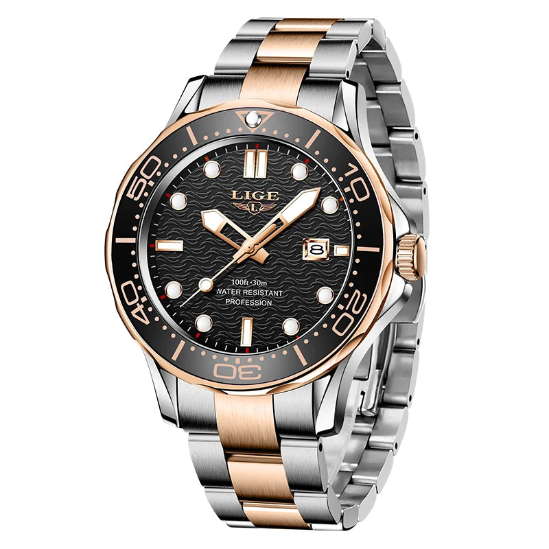 LIGE Nuevo Reloj de Negocios para Hombre, Reloj de Buceo de Lujo de Marca Superior en Azul para Hombre, Reloj Deportivo Impermeable con Fecha, Relogio Masculino, con Caja