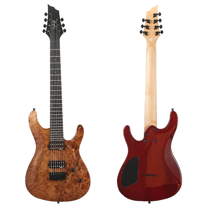 Guitarra Eléctrica de 7 y 8 Cuerdas, 39 Pulgadas, Tapa de Madera de Okoume, Cuerpo de Madera de Okoume, Mástil de Arce Canadiense, Acabado Brillante, Alta Calidad, Rojo y Azul