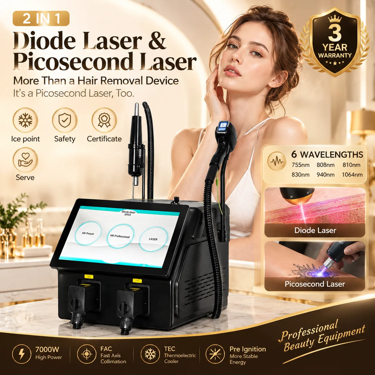 Máquina de Depilación Láser de Diodo Soprano con Tecnología de 808nm y Picosegundos, Diseño de 6 Longitudes de Onda Adecuado para Todo Tipo de Piel