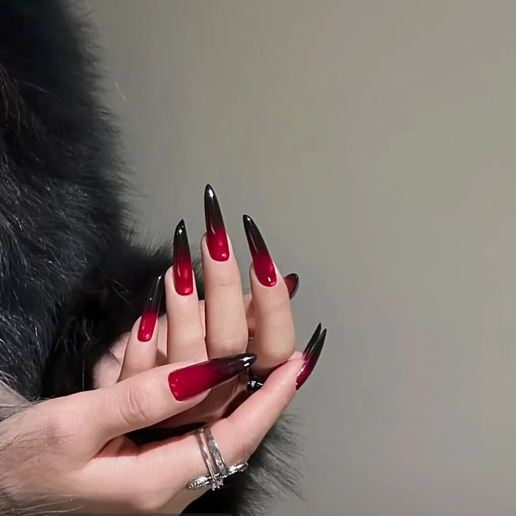 24 Uds uñas postizas de color rojo sangre gradiente parche de uñas postizas de punta larga cubierta completa puntas de uñas postizas usables juegos de manicura de Halloween