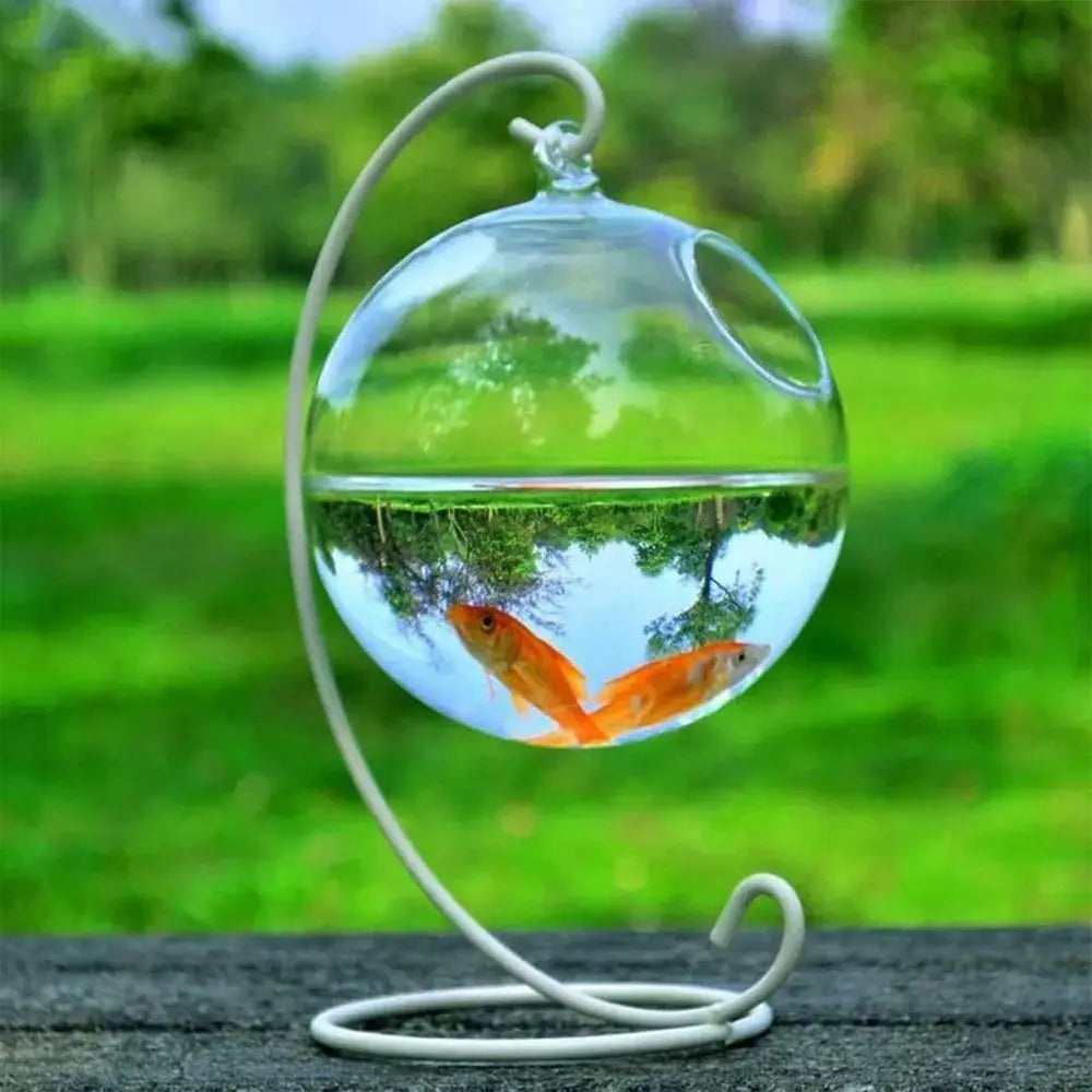 Acuario de cristal colgante con forma redonda/rectangular, pecera, jarrón transparente, adorno con soporte, decoración para el hogar