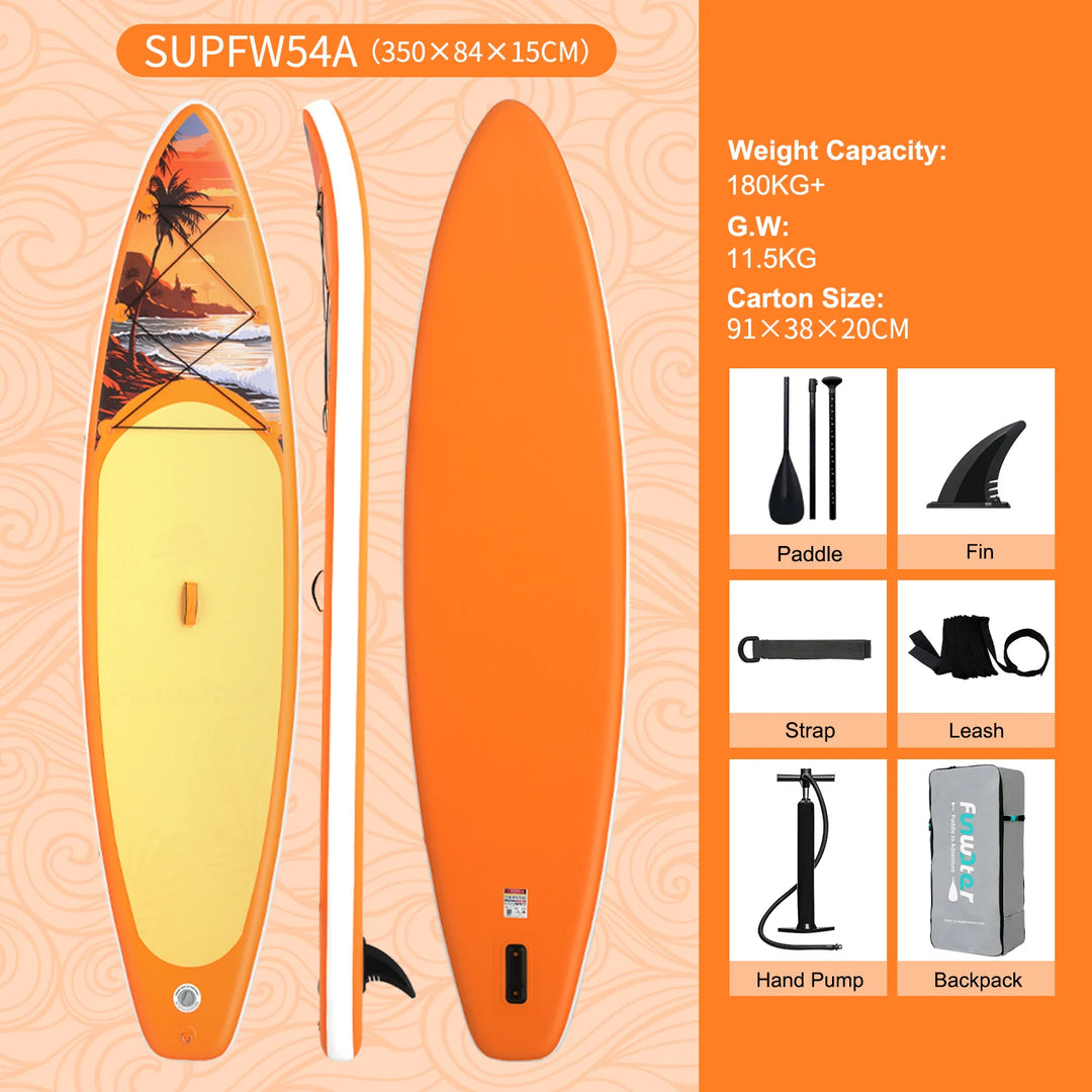 SUP hinchable Funwater SUPFW55C, 335x84x15 cm, 165 kg+, tabla de paddle surf rosa y lila con palmeras tropicales para yoga, escapadas a la playa, rutas en lagos y pesca tranquila, accesorios incluidos