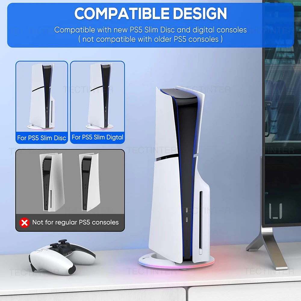 Soporte de refrigeración vertical con luz RGB para consola PS5 Slim Edición Disco/Digital, base antideslizante, soporte para accesorios de PS5