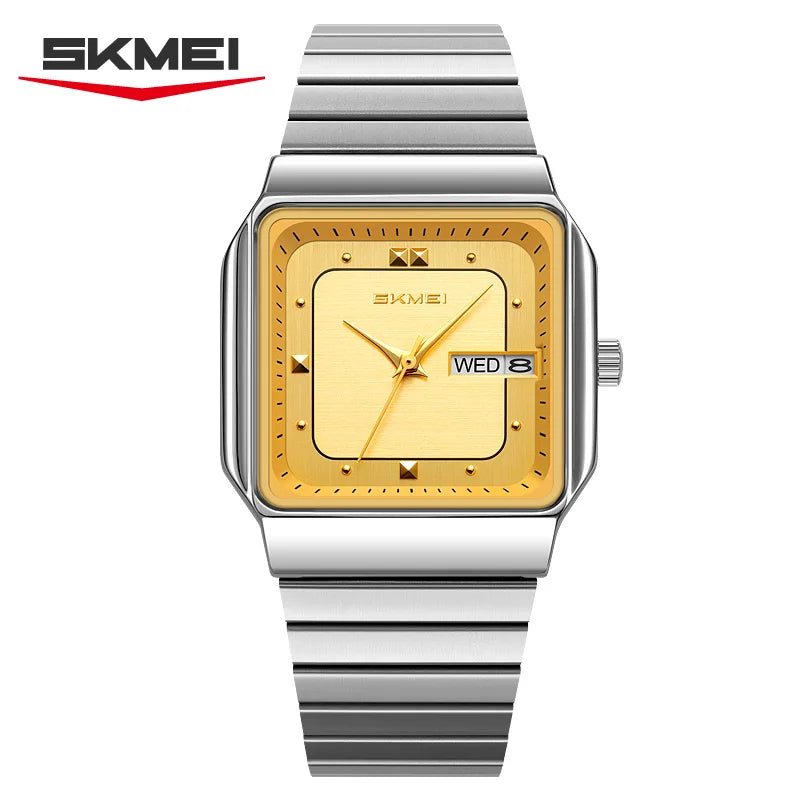 SKMEI 9414 Reloj de cuarzo para hombre con esfera cuadrada sencilla, calendario, semana y correa de acero inoxidable, reloj de negocios impermeable para hombre