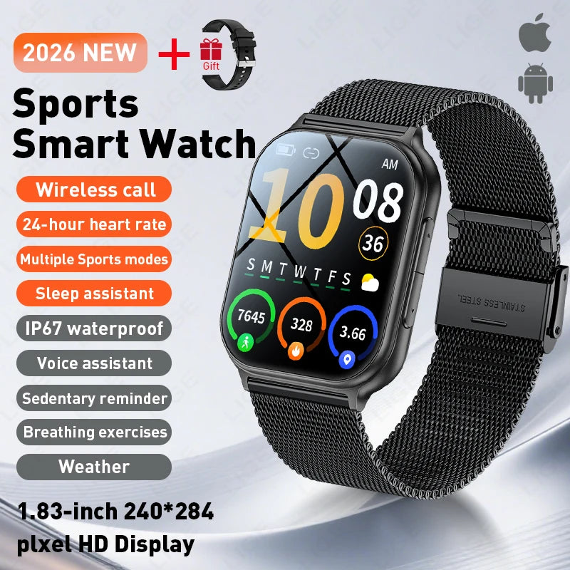 LIGE Nuevo Reloj Inteligente de 700mAh para Hombres y Mujeres, Deportivo, Rastreador de Fitness, Impermeable, Monitor de Frecuencia Cardíaca 24H Integrado, Llamadas Bluetooth, Smartwatch HD de 1.83"