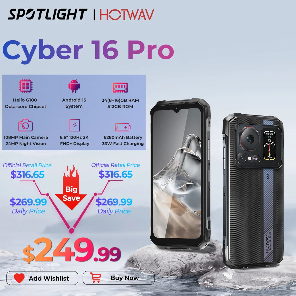 Teléfono resistente HOTWAV Cyber 16 Pro G100, móvil de 108 MP, pantalla FHD+ 2K de 6,6'', smartphone de 8 GB y 512 GB, teléfono Android 15