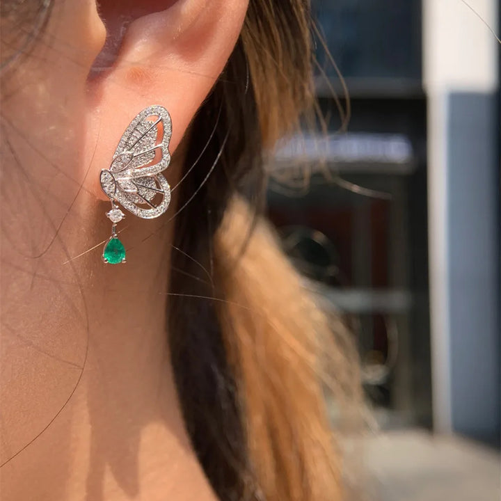 UBESTNICE romántico Real 18K joyería de oro blanco sólido AU750 diamantes naturales Esmeralda mariposa pendientes colgantes para mujer regalo de fiesta