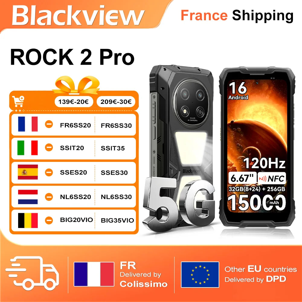 Smartphone ultrarresistente Blackview 5G ROCK 2 Pro 32 GB (8+24) + 256 GB, 6,67 pulgadas IPS 120 Hz, luz de camping de 400 lm, Android 16, 15000 mAh, 33 W, NFC