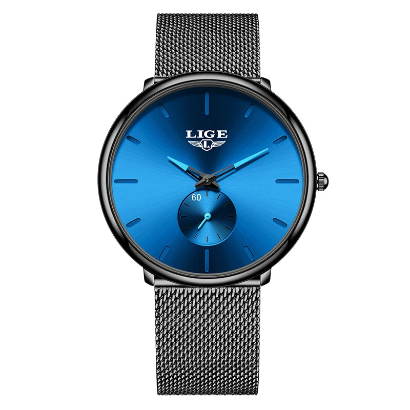 Reloj de cuarzo de lujo para hombre, marca LIGE, diseño moderno, informal, ultrafino, con malla de acero, resistente al agua, deportivo.