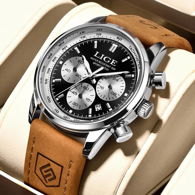 Reloj LIGE de lujo para hombre, cronógrafo de alta calidad, resistente al agua, luminoso, reloj de pulsera de cuarzo con correa de piel, estilo casual