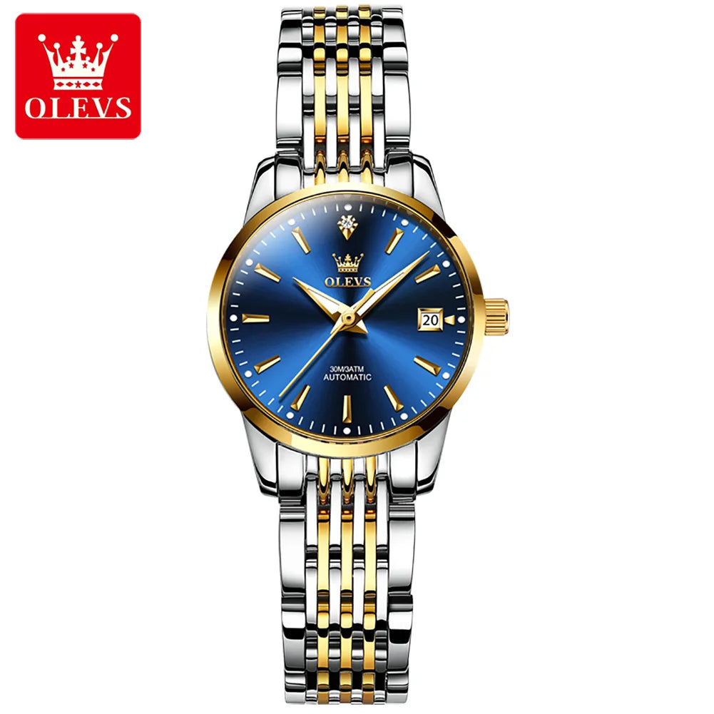 Reloj mecánico para mujer OLEVS 6635, reloj de pulsera elegante de lujo sencillo, reloj automático con calendario y resistente al agua de acero inoxidable